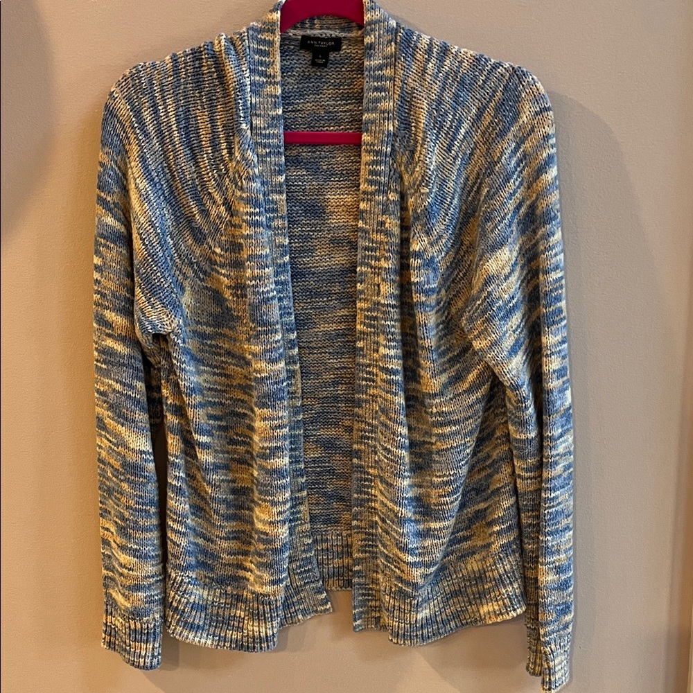 Talbots Blue and Cream Marled Open Cardigan Sweater Size Large